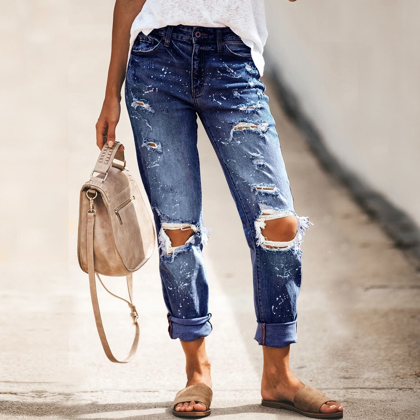 Women's Ripped Mid Waisted Boyfriend Stretchy Denim Jeans