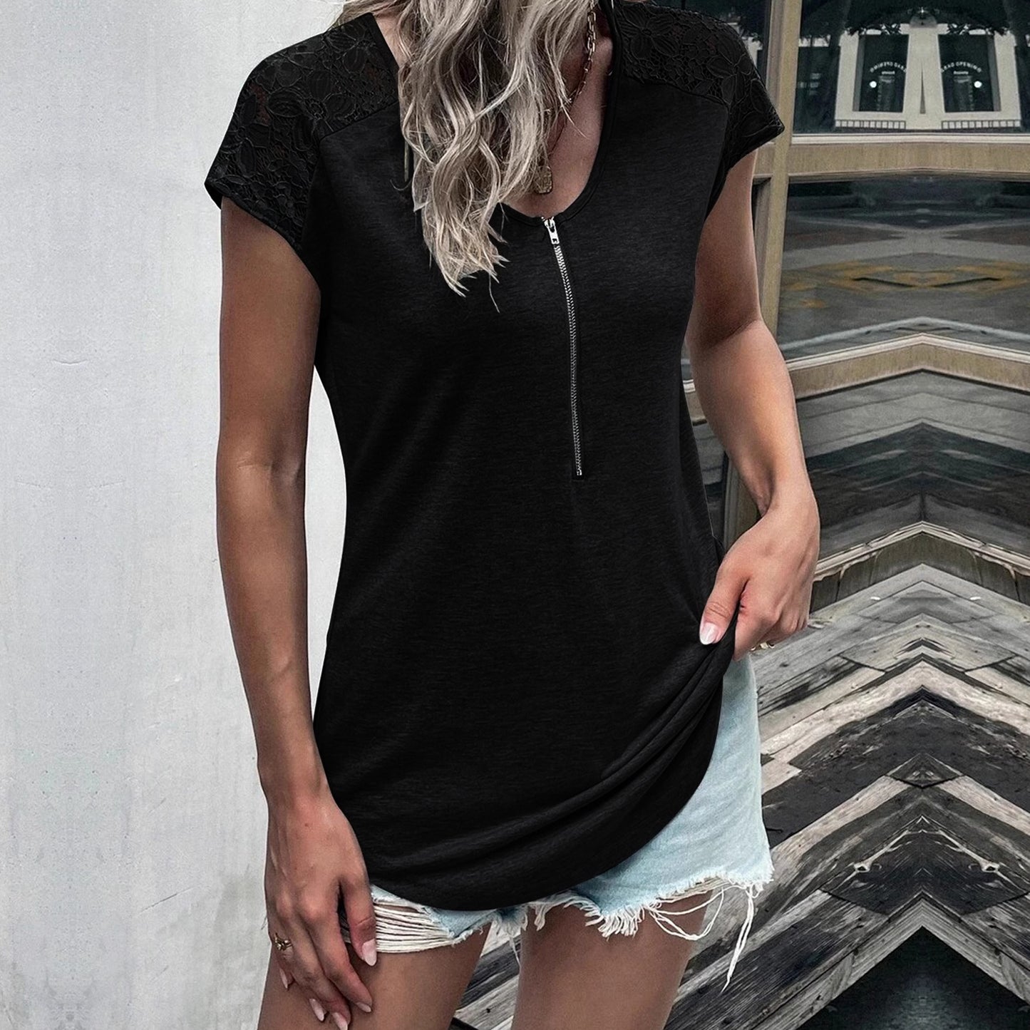 Women Summer Tops Loose Fit Lace Causual Short Sleeves T-Shirt