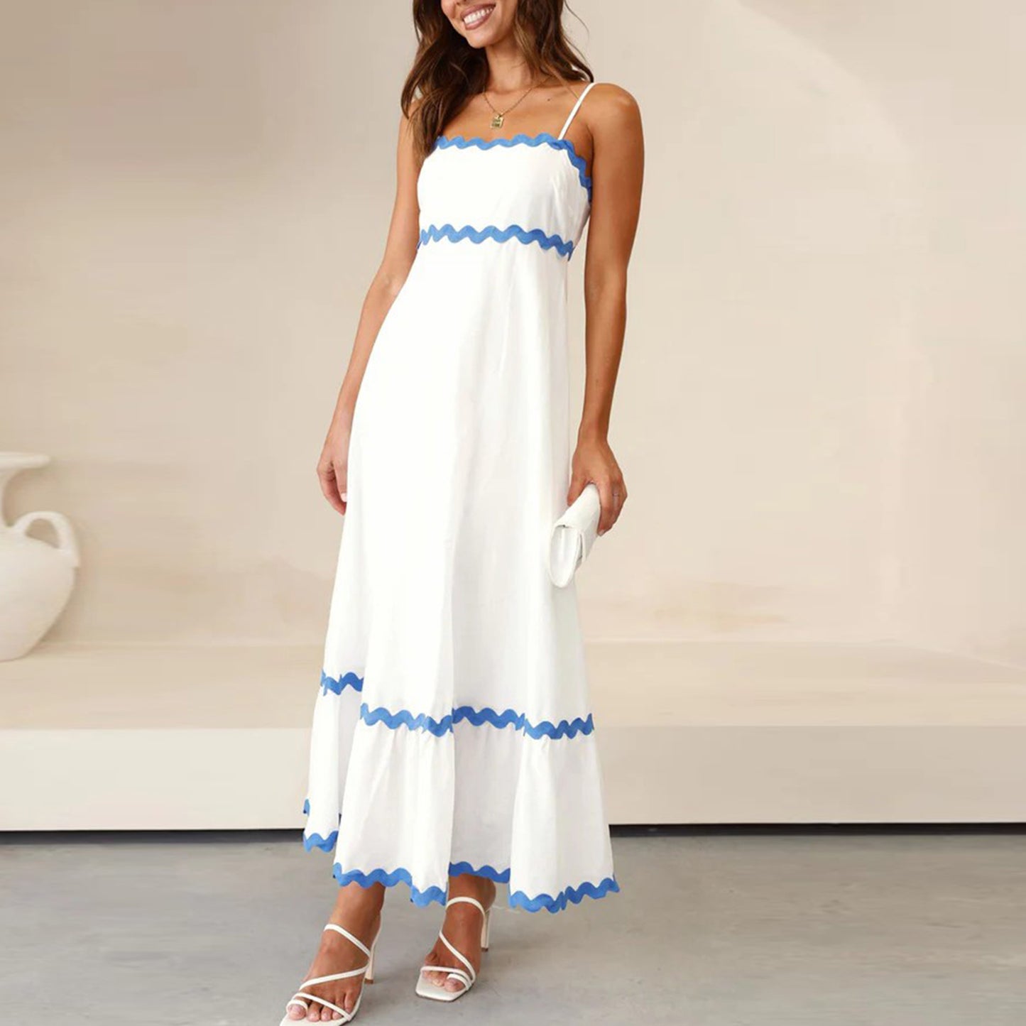 Women Summer 2024 Spaghetti Straps Boho Flowy Loose Midi Dress