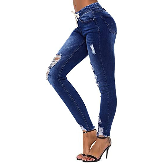 Buy CME SHOWU High Waisted Denim Joggers Jeans for Women Drawstring Elastic  Waist Stretch Loose Denim Pants, Blue, Small at Amazon.in