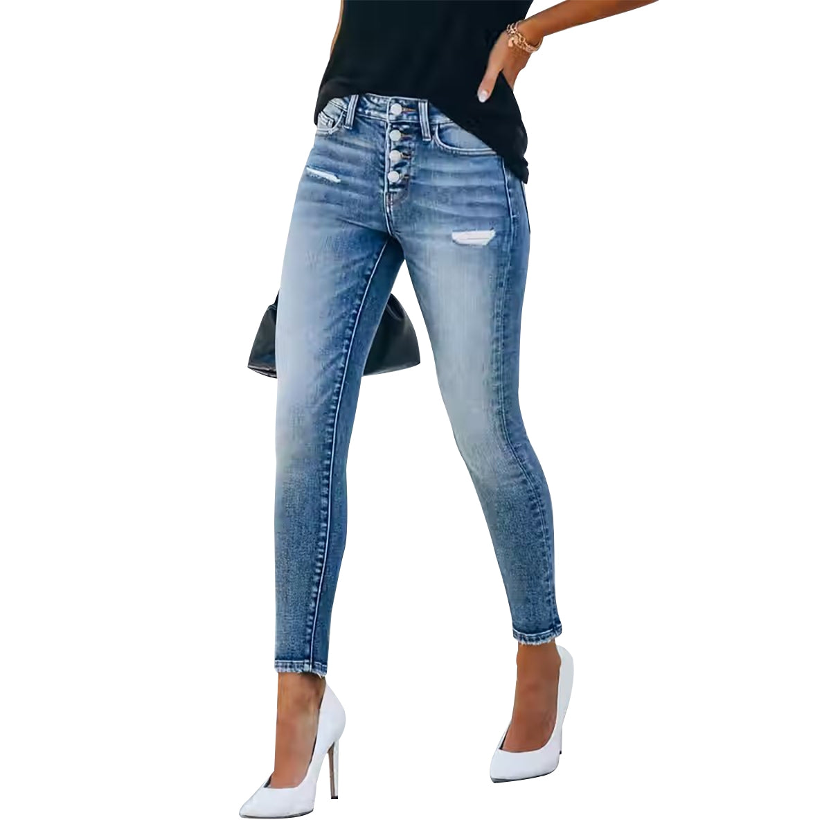 KUNMI Women's High Waisted Skinny Stretch Ripped Button Fly Jeans Dest –  KUNMI online
